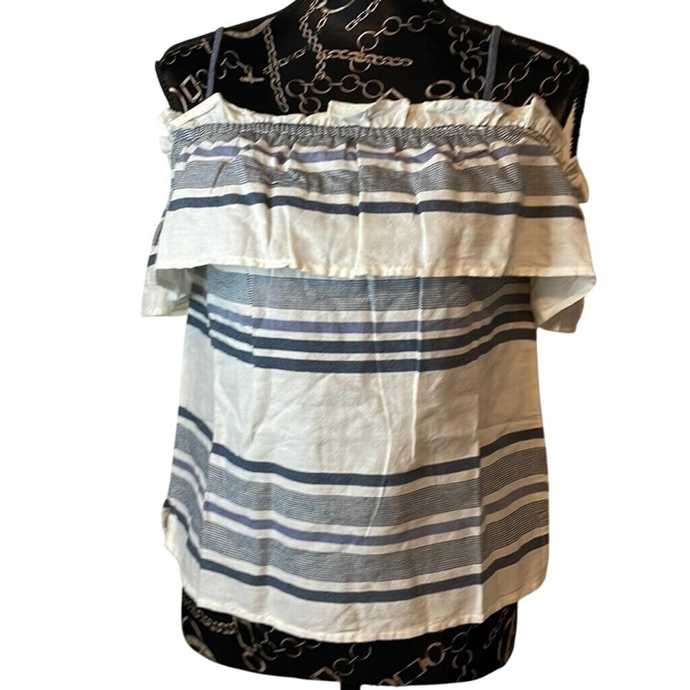Splendid Women White Blue Striped Off Shoulder Ruffle Top ST11308 Small‎ NWT